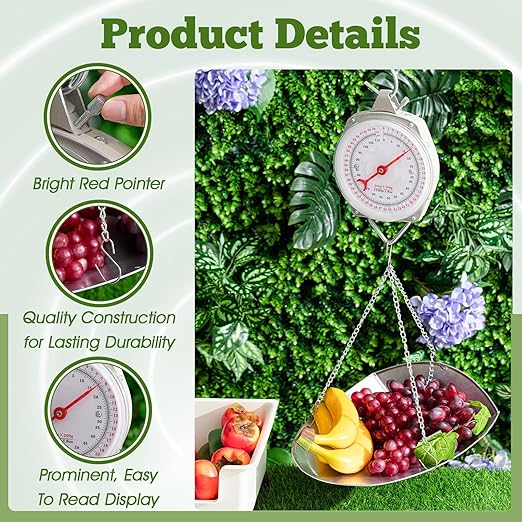 2 Sets 110 lbs Large Display Hanging Scale with Scale Scoop Kitchen Dial Weight Scale Silver Industrial Spring Scales for Shopping Traveling Food Produce Weighing