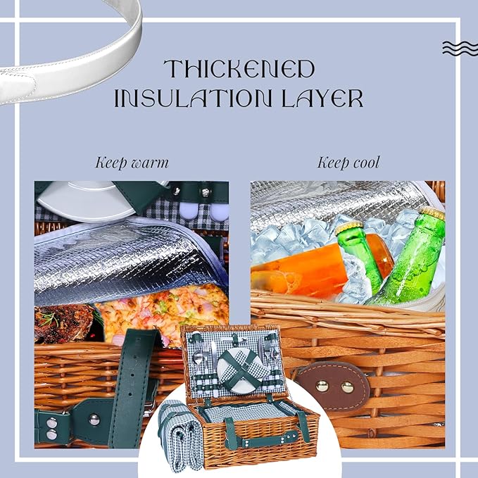 Picnic Basket Set for 4 with Waterproof Blanket Mat Insulation Bag Wicker Green Plaid Classic Vintage Fresh Cottagecore Gift for Wedding Birthday Summer Outdoor Camping Beach Travel Christmas