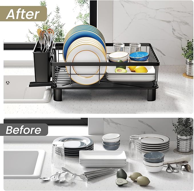 Dish Drying Rack - Small Dish Rack for Kitchen Counter, Stainless Steel Dish Drainer with Utensil Holder and Drainboard (Black)