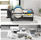 Dish Drying Rack - Small Dish Rack for Kitchen Counter, Stainless Steel Dish Drainer with Utensil Holder and Drainboard (Black)