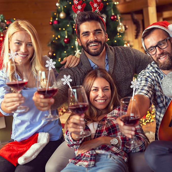 Chengu 100 Pcs Christmas Drink Stirrers Xmas Stir Sticks Bulk Holiday Coffee Stirrers Plastic Swizzle Stick Hot Cocoa Bar Supplies Chocolate Decoration Reusable Cocktail Mixer(White Snowflake)