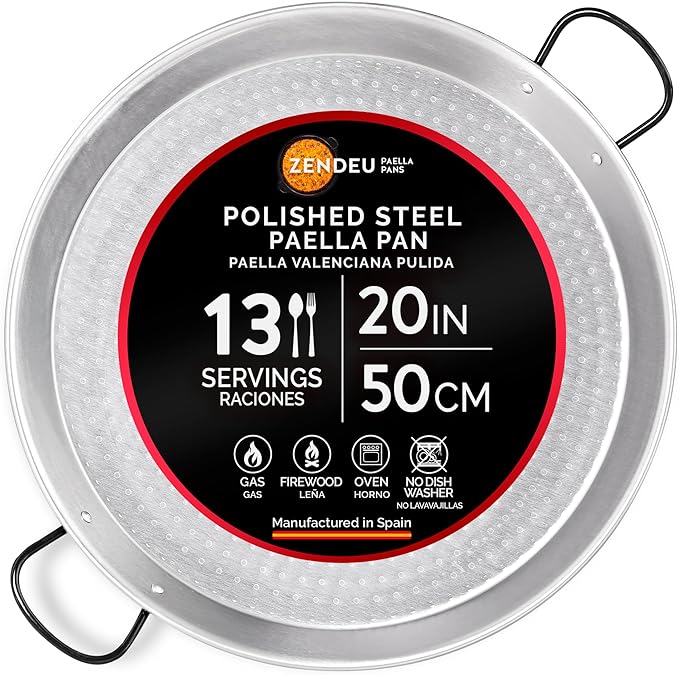 Paella Pan 20 inch - Carbon Steel Paella Pan, Made in Spain - Polished Steel, 20 in - 50 cm (13 Servings) Cook your own Spanish Paella
