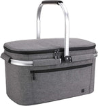 ALLCAMP OUTDOOR GEAR Large Picnic Basket 32L Shopping Basket Grocery Bags Folding Insulated Strong Aluminum Frame Basket (Large Gray)