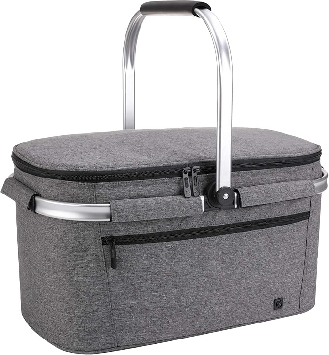 ALLCAMP OUTDOOR GEAR Large Picnic Basket 32L Shopping Basket Grocery Bags Folding Insulated Strong Aluminum Frame Basket (Large Gray)