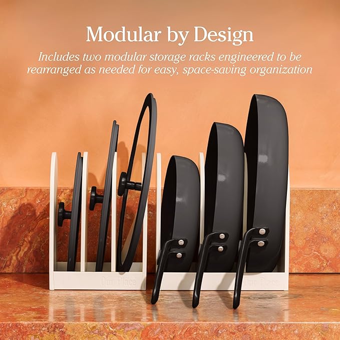 Our Place 8-Piece Essentials Complete Cookware Set - Ceramic Fry Pan Trio & Modular Rack Storage | Nontoxic Thermakind™ Nonstick, Oven Safe up to 450°F & Compatible with All Cooktops | Char