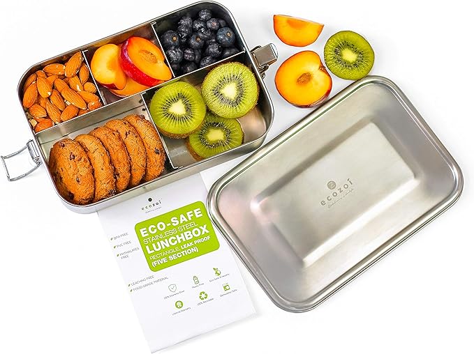 Stainless Steel Lunch Box, 1-Tier Metal Bento Box Leak Proof with 5 Compartments, 50 Oz Metal Lunch Container, Meal Prep Food Container, with 50 ml Sauce Container