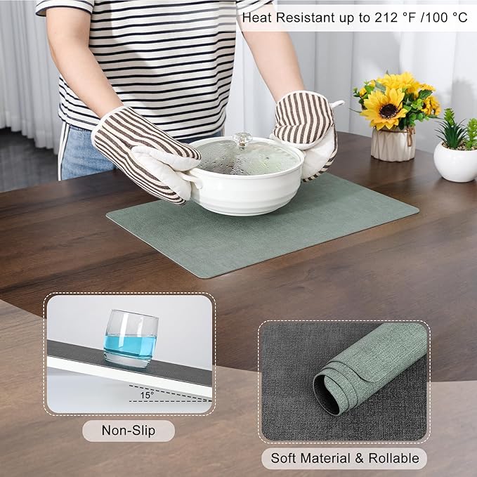 Myir JUN Dual Sided Faux Leather Placemats Set of 8 for Indoor Outdoor Dining Tables, Square Non-Slip Washable Wipeable Table Mats (Gray Sage Green, Set of 8)