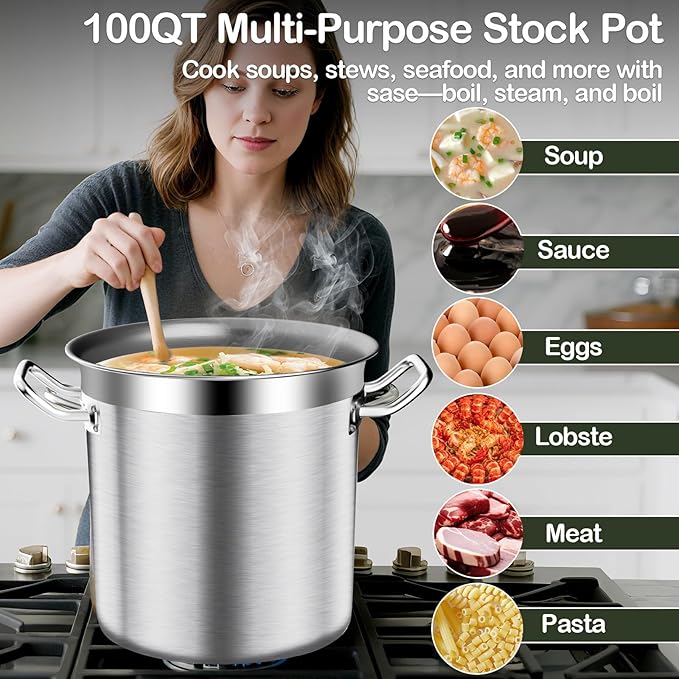 Stainless Steel Stock Pot,100 QT Large Stock Pot with Lid, Heavy Duty Tri-Ply Bottom Commercial Grade Stock Pots for Boiling Cooking Soup Stew Thick Bottom Big Stockpots, Deep Cookware