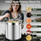 Commercial Grade Large Stock Pot - 100 QT Soup Pot with Lid - Non-Nickel Stainless Steel Stock Pots - Healthy Cookware Polished Stockpots - Heavy Duty Cooking Pots, Cookware Sauce Pots