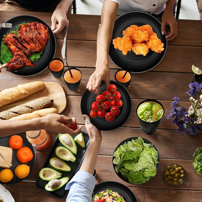 Wheat Straw Dishes Set for 8, Dinnerware Sets 32 piece, Unbreakable Plates, Bowls, Cups Sets for Kitchen Parties Camping RV - Black