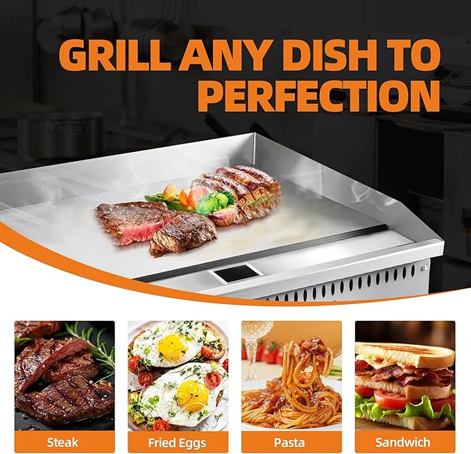 36" Commercial Countertop Griddle, 3 Burners Gas Griddle, 90000 BTU Output, Stainless Steel Flat Top Grill Hot Plate with Natural Gas and Propane Conversion Kit for Restaurant,Food Truck