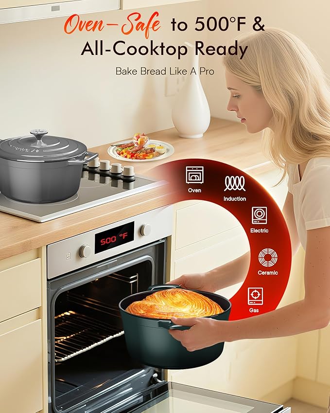 Nuwave 6QT Healthy Enameled Cast Iron Dutch Oven Pot with Lid, Heavy Duty 7-Layer Enamel, Enhanced Rust Protection, Dual Handles, Oven Safe to 500°F for Sourdough Bread Baking, Braise, Stew, Roast