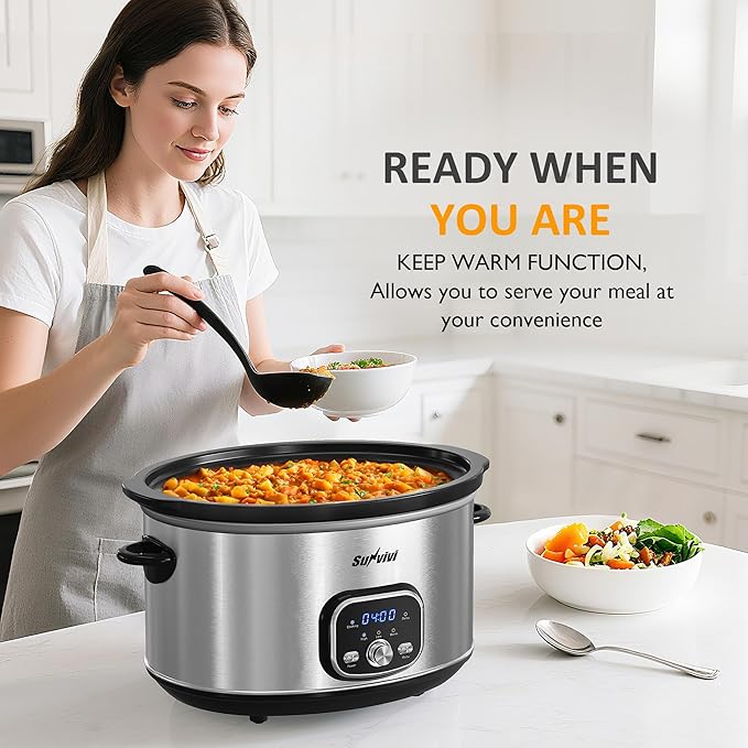 Sunvivi Slow Stew Pot - Electronic - Stainless Steel Color -8.5 QT: Multi-Cooker Food Warmer with Delay Function, Adjustable Tempature Control, Dishwasher Safe, Perfect for Families, Sliver
