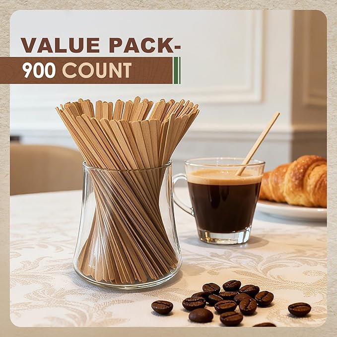 LotFancy 900Pcs Coffee Stirrers, 7 inch Birch Wood Coffee Stir Sticks, Sturdy Wooden Sticks, Great for Your Coffee Nook, Splinter Free, Round End