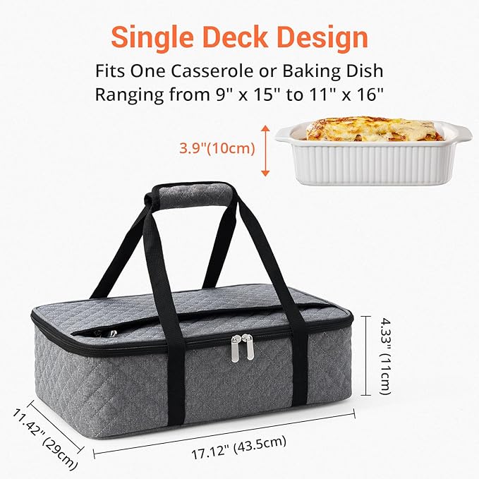 Casserole Carrier - Large Portable Insulated Food Carrier for Hot or Cold Food, Lunch Tote Warmer or Cooler Bag, Lasagna Lunch Bag for Work Picnic Hiking Beach - Fits 16" x 10"Baking Dish-Grey