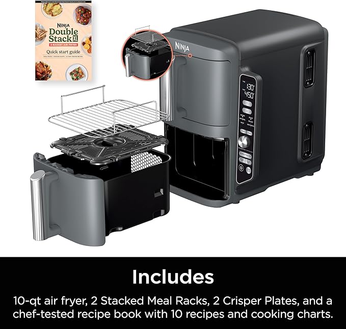 Ninja Air Fryer, 10QT DoubleStack XL 2-Basket, Compact Design, Cooks 5lb Whole Chicken, Feeds Up to 8 People, 6-in-1 Air Fryer, Roast, Bake & More, Easy to Clean, Dishwasher Safe Parts, Grey, SL401