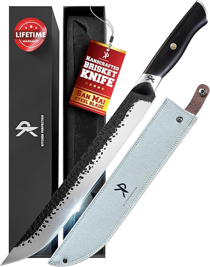 Kitchen perfection 12" Handmade Brisket Knife, Meat Cutting Carving & Slicing BBQ Knife For Men – Insanely Sharp San Mai Steel, W/Canvas Sheath Premium Ergonomic Handle, Best Grilling Gifts for Men