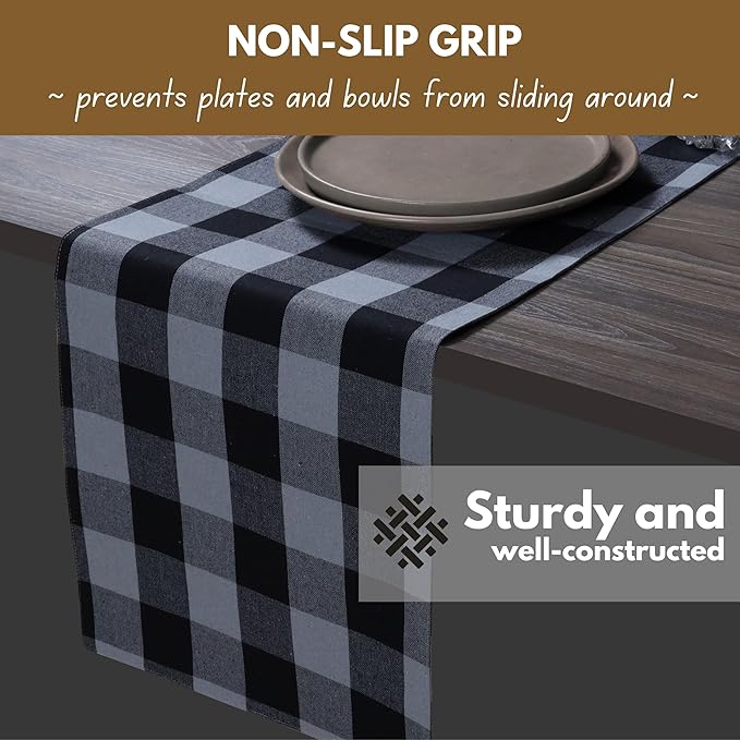 Native Fab Table Runner Buffalo Check Plaid 100% Cotton - 13x108 Inches Kitchen Dining Table Decoration for Indoor Outdoor Farmhouse Home Party Decor - Black, Grey