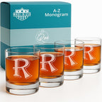 On The Rox Drinks (R-Monogram)- 4 Piece Set of 11 Ounce Engraved Heavy Base Rocks Glasses Elegant Glass-Multi-Purpose Beverage-Rocks Glass- Gift for any Occasion
