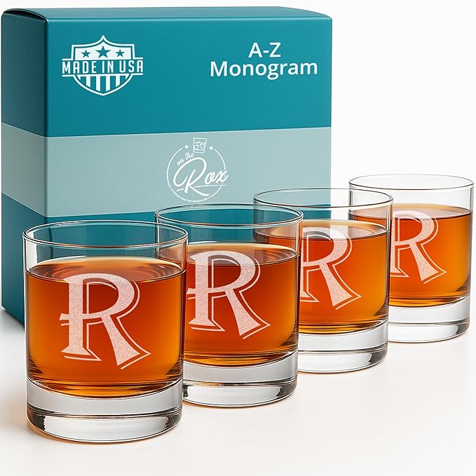 On The Rox Drinks (R-Monogram)- 4 Piece Set of 11 Ounce Engraved Heavy Base Rocks Glasses Elegant Glass-Multi-Purpose Beverage-Rocks Glass- Gift for any Occasion