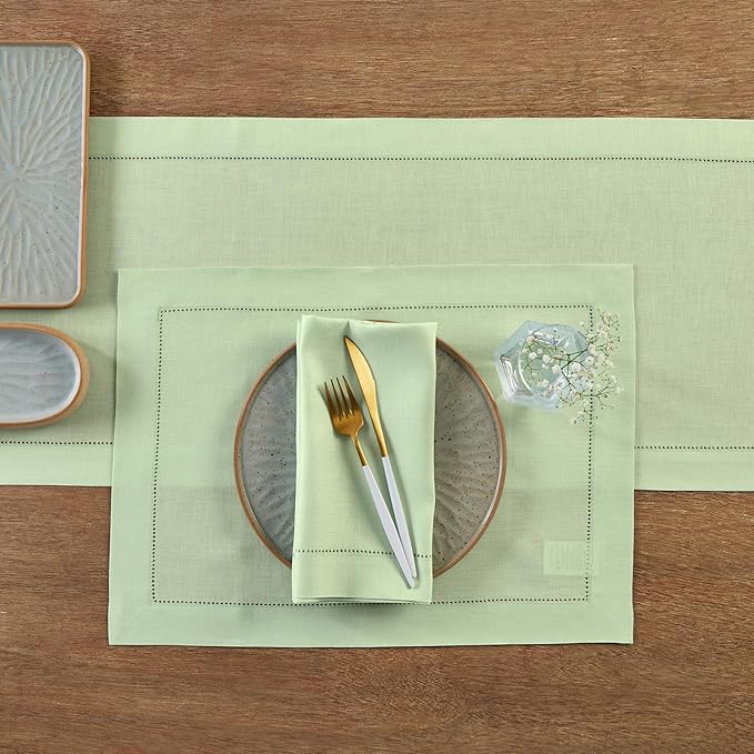 Solino Home Linen Table Runner 90 Inches Long - 100% Pure Linen Light Green Table Runner 14 x 90 Inch for Summer - Classic Hemstitch