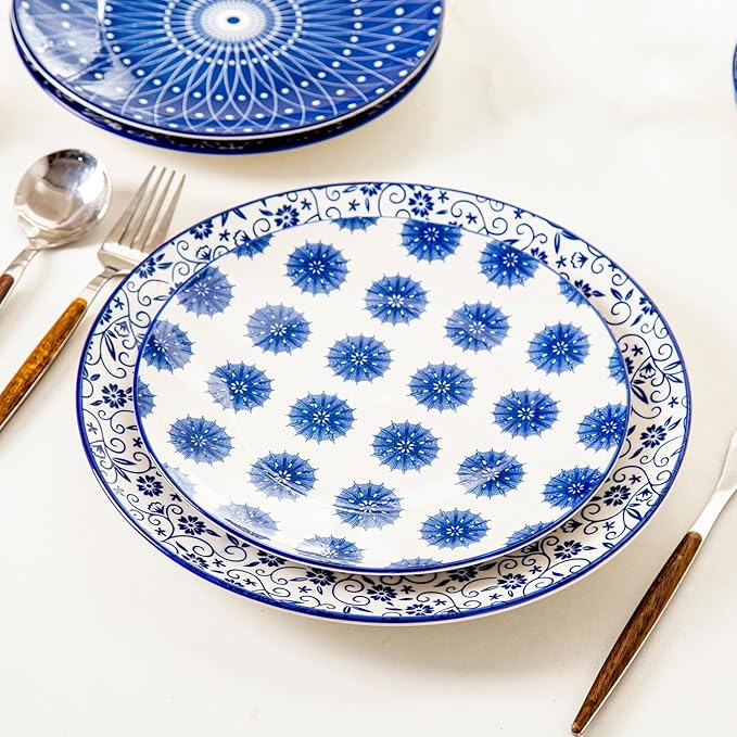 Ceramic Dinner Plates Set - 10.5 Inch Large Kitchen Porcelain Salad Serving Plate for Pasta Steak Pizza Pancakes - Scratch Resistant Dishwasher Oven Microwave Safe - Set of 6 - Vintage Blue