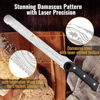 10-Inch Serrated Knife with Finger Ring, 5Cr15MoV Steel Blade, Full-Tang, Pakka Wood Handle, Damascus Pattern – Ideal for Bread, Fruits, and Vegetables