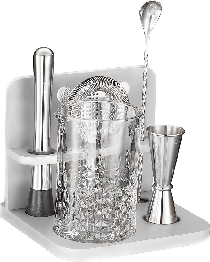 Crystal Cocktail Mixing Glass Set with Bamboo Stand - 22 Oz 650ml - Thick and Sturdy Bottom, Durable and Seamless Design with Bar Accessories