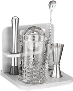 Crystal Cocktail Mixing Glass Set with Bamboo Stand - 22 Oz 650ml - Thick and Sturdy Bottom, Durable and Seamless Design with Bar Accessories