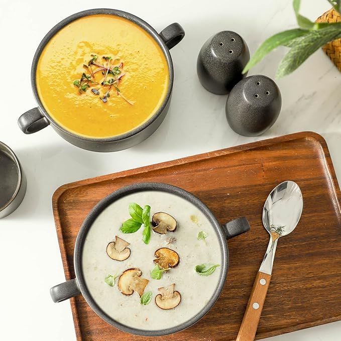 Soup Bowls, 22 oz French Onion Soup Bowls with Handles, Stackable Ceramic Bowls Set of 4, Dinner Bowls for Chili, Beef Stew, Soup, Cereal, Oven Microwave Dishwasher Safe, Matte Black