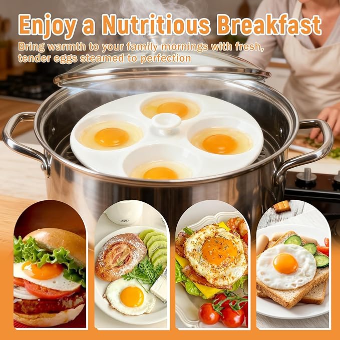 Ceramic Egg Poacher, 4-Cup Egg Poacher Pan Nonstick for Perfect Poached Eggs, Poached Egg Cooker Compatible with Most Pots, Stovetop Cooking, Easy-Clean Egg Cooker Poacher for Perfect Poached Eggs