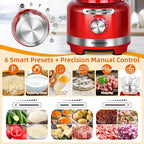 Homtone 16 Cup Food Processor, 6 Preset Modes& Stepless Speed Control for Dough Kneading, Meat Chopping, Slicing, Shredding, French Fries Potato Cuting, Cheese Grating& Whipping Cream, 650W, Red