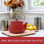 Small Cast Iron Tea Kettle for Stovetop Safe, Red Tea Pot Coated with Enameled Interior, Durable Teapot with Stainless Steel Infuser for Loose Leaf (1000ml/34oz)