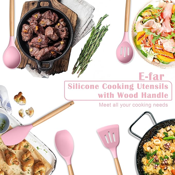E-far Silicone Cooking Utensils Set, 5-Piece Kitchen Utensils Set with Wooden Handle for Cooking, Silicone Kitchen Nonstick Tools Spatula Turner Slotted Spoons, Nontoxic & Heat Resistant-Pink