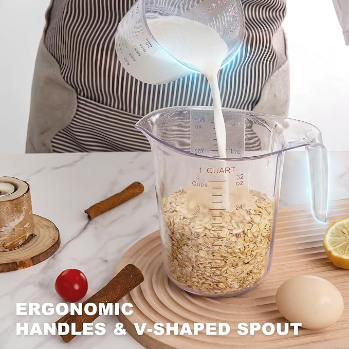 DaYammi Measuring Cups 4-Piece, Unbreakable Food-Grade Plastic Measuring Cup for Dishwasher, 1/2/4/8-Cup Nesting Liquid Measuring Cups for Prepping, Baking, Cooking, Readable Markings, Clear