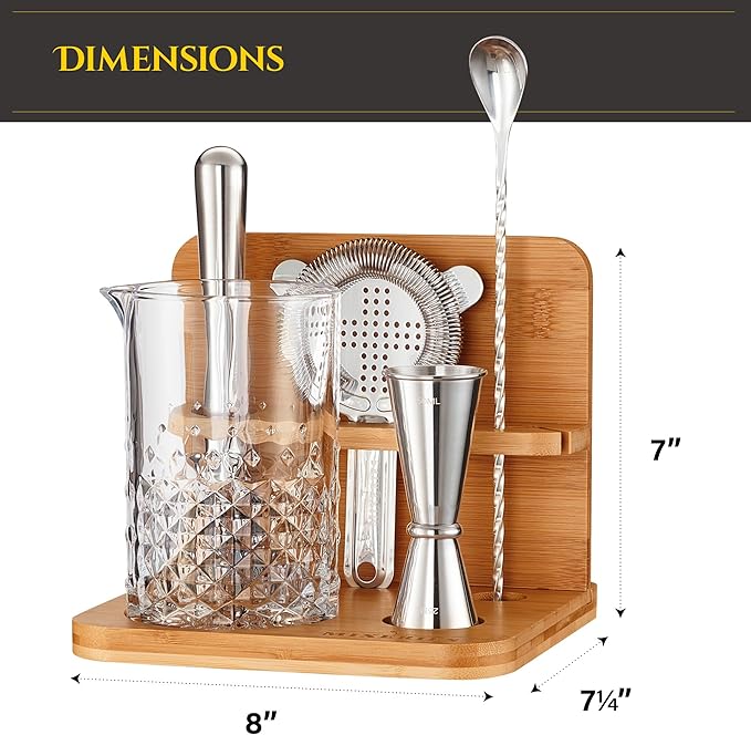 Crystal Cocktail Mixing Glass Set with Bamboo Stand - 22 Oz 650ml - Thick and Sturdy Bottom, Durable and Seamless Design with Bar Accessories Gift Set