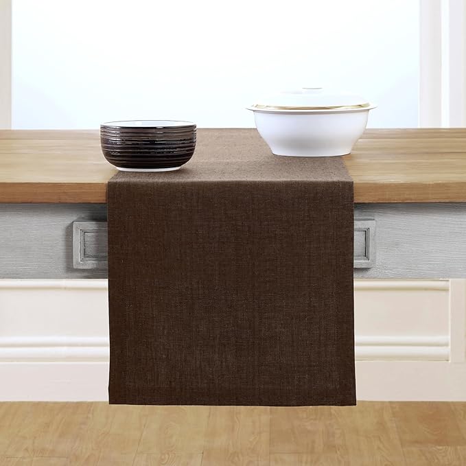 Solino Home Linen Table Runner 90 Inches Long - Athena, 100% Pure Linen Chambray Brown Table Runner 14 x 90 Inch for Dining, Fall, Autumn