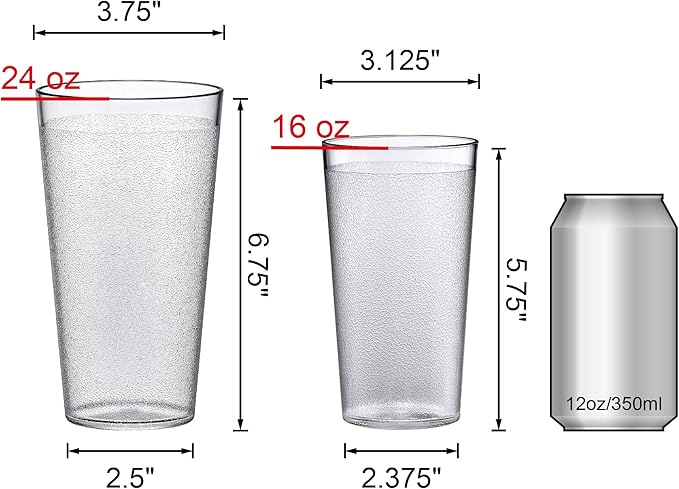 Amazing Abby - Cafely - 16-Ounce and 24-Ounce Plastic Tumblers (Set of 12), Plastic Drinking Glasses, Restaurant-Style Cups, Stackable, BPA-Free, Shatter-Proof, Dishwasher-Safe, Clear