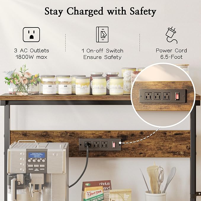 SUPERJARE Bakers Rack with Power Outlets, Microwave Stand, 39.4 X 14.3 Inch Larger Desktop, Kitchen Storage Rack with Adjustable Middle Shelf, 6 S-Shaped Hooks, Coffee Bar Stand, Rustic Brown