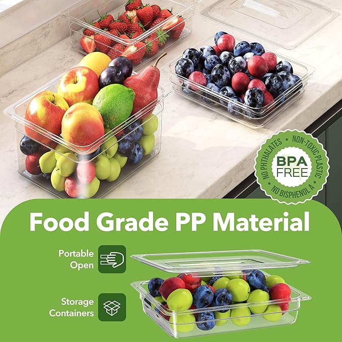 6 Pack Plastic Food Pan with Lid 1/2 Size 4 Inch Deep Restaurant Clear Food Storage Containers Polycarbonate Commercial Hotel Pans for Fruits Vegetables Beans Corns (6 PCS, 4'' Deep)