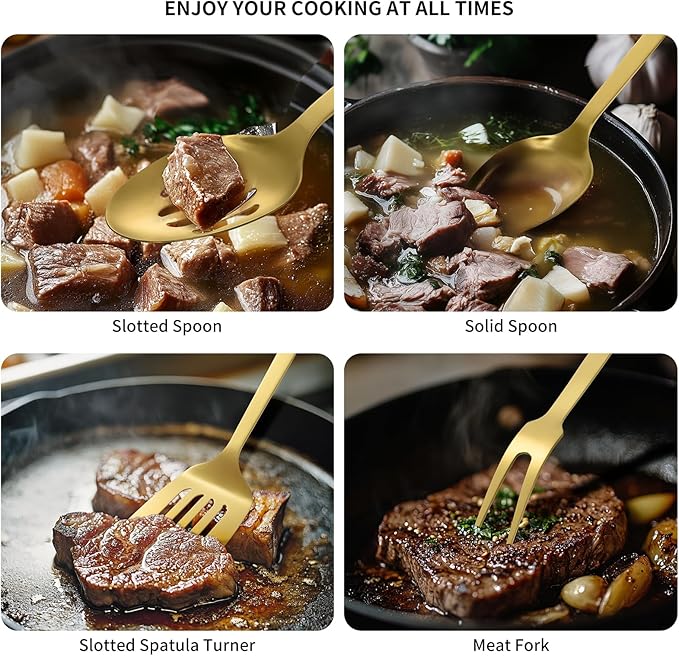 304 Stainless Steel Cooking Utensils Set, 8PCS Kitchen Utensils Set, Include Skimmer, Soup Ladle, Spaghetti Server, Wok Spatula, Slotted Spoon, Solid Spoon, Slotted Spatula Turner & Meat Fork, Gold