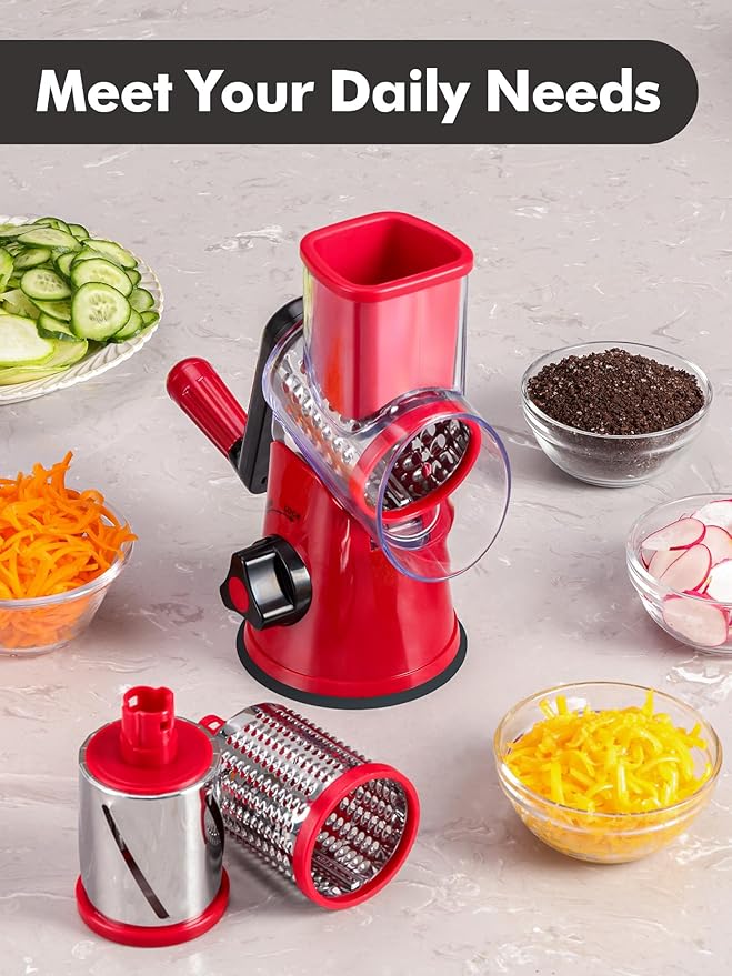 Rotary Cheese Grater with Handle - 3 in 1 Cheese Shredder Rotary Grater Stainless Steel Handheld, Vegetable Slicer for Fruit, Cheese, Nuts(Red)