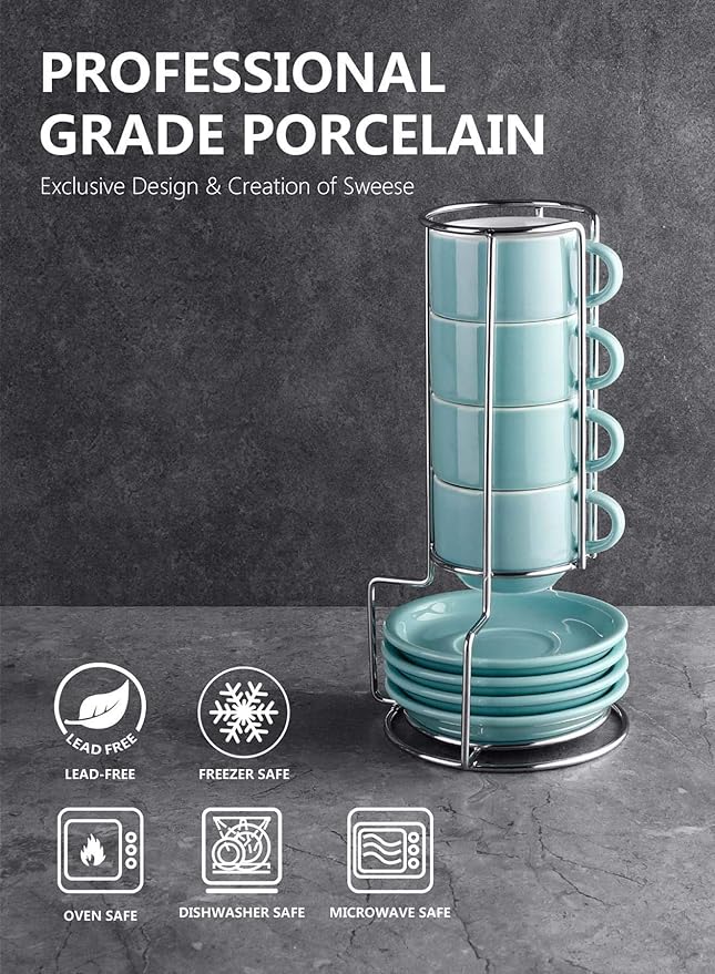 Sweese 4 Ounce Porcelain Stackable Espresso Cups with Saucers and Metal Stand Set of 4, Turquoise