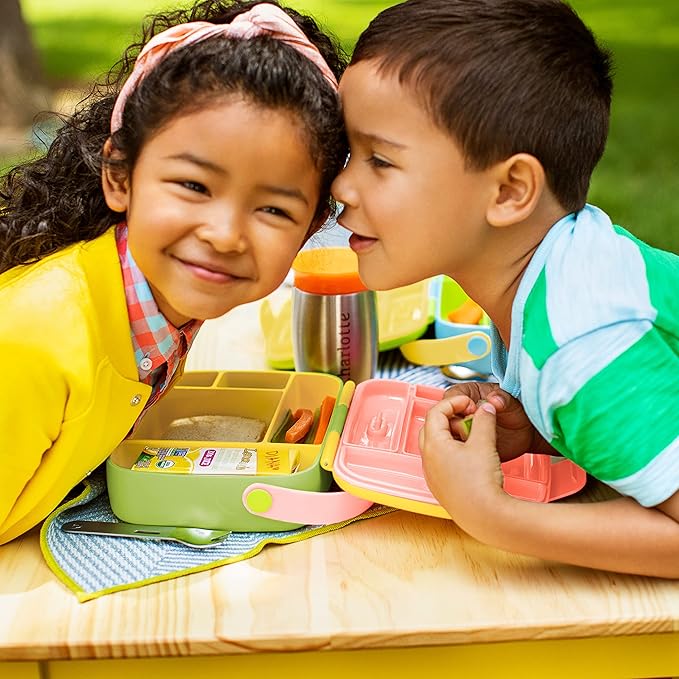 Munchkin Lunch Bento Box for Kids and Toddlers, Includes Stainless Steel Utensils, BPA-Free, 18 Months and Up, Pink/Green/Yellow