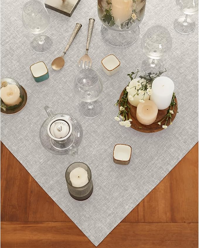 Solino Home Linen Tablecloth 52 x 52 Inch - 100% Pure Linen Square Table Throw - Athena, Machine Washable Oyster Grey Tablecloth for Summer, Fall, Autumn, Halloween