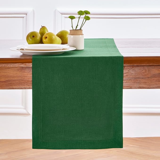 Solino Home Linen Table Runner 60 Inches - 100% Pure Linen Pine Green Table Runner 14 x 60 Inch Ideal for Dresser and Coffee Tables - Summer, Fall, Autumn - Fete