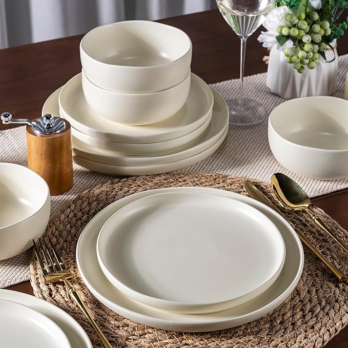 AmorArc Stoneware Dinnerware Sets, Wavy Rim Ceramic Plates and Bowls Sets, Highly Chip and Crack Resistant | Dishwasher & Microwave & Oven Safe Dishes set, Service for 6 (18pc)