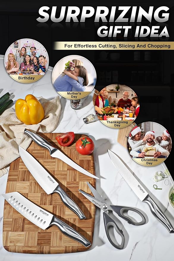 ROCOCO Kitchen Block Knife Set - 15 PCS Stainless Steel Knife Set with Block and Sharpener Dishwasher Safe Father Mother Birthday Christmas Gift