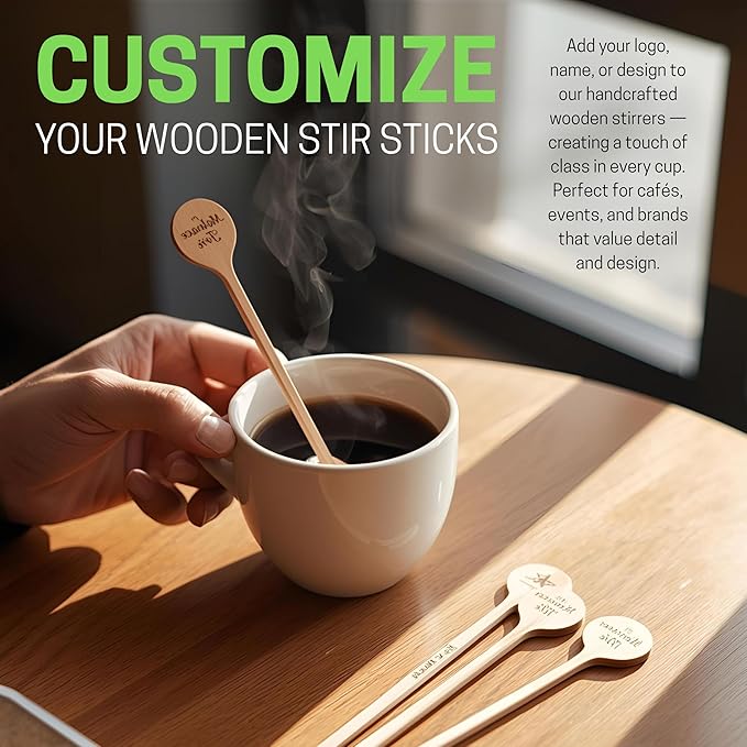 6.25" Custom Wooden Coffee Stirrers with Round Heads – Customizable Stirrer Sticks with Logo or Text | Eco-Friendly Drink Stirrers for Coffee, Tea, Beverages & Events (6.25" - Pack of 50)