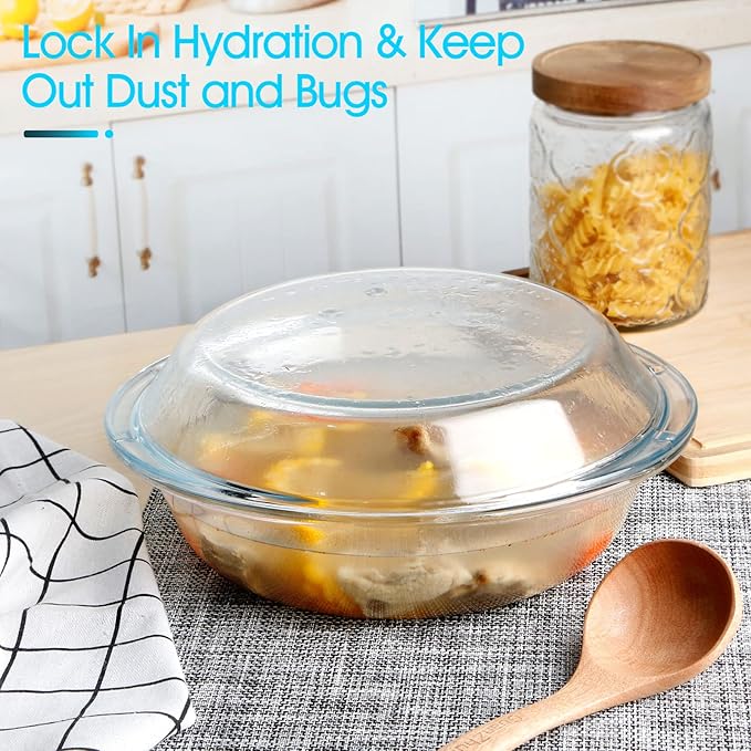 Mini-9 inch (60 OZ) Round Glass Casserole Dish With Lid, Round Oven Safe Glass Bakeware with Handles （1.9 QT）